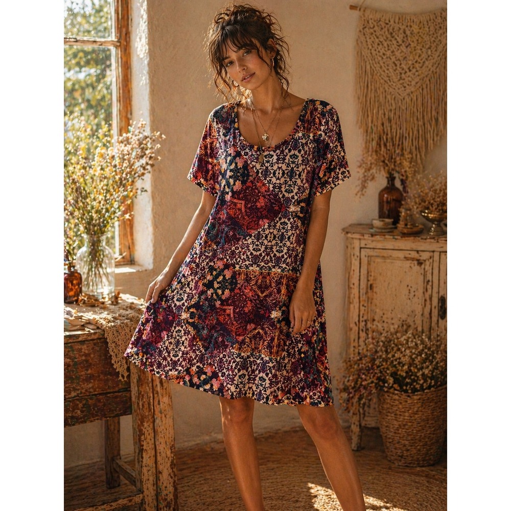 Cupio Womens Patchwork Floral Damask Print India‎ Boho Festival Dress Size L
